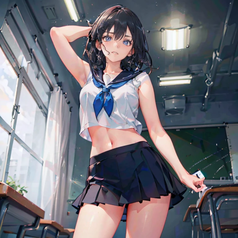 Anime Waifu beautiful detailed eyes, beautiful detailed lips, extremely detailed eyes and face, longeyelashes, 1girl, sensual, young woman, medium breasts, beautiful feminine face, nice thighs, slim, sexy, erotic, beautiful clothes, perfect body, cinematic lighting and framing, (best quality,4k,8k,highres,masterpiece:1.2),ultra-detailed,digital painting,portrait,glamorous,highly detailed,soft lighting,warm color tones Perfect human body,1 girl, (very highly detailed background,Classroom), clavicle,Sleeveless sailor suit,navel,Low-rise miniskirt,((woman with fever)), ((perspired,college aged))), Colossal ,Indecent expressionlush blush:1.2),Pubic hair shows through,Next to him stood a man,Man taking photo of girl,,