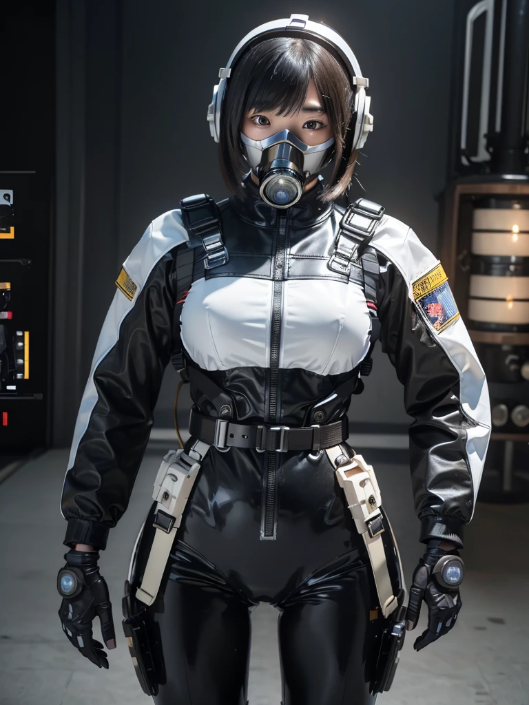 masterpiece, Highest quality, Very detailed, Japanese Android girl, Beautiful 2 Japanese woman, Plump,Control panel,Android,cyborg,Blunt bangs,black and white bodysuit,Thick harness belt,Full-face helmet,Gas mask with regulator,Fighting with guns,
