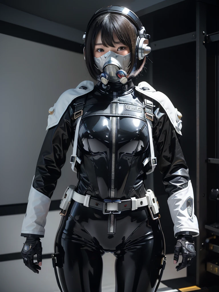 masterpiece, Highest quality, Very detailed, Japanese Android girl, Beautiful 2 Japanese woman, Plump,Control panel,Android,cyborg,Blunt bangs,black and white bodysuit,Thick harness belt,Full-face helmet,Gas mask with regulator,Fighting with guns,