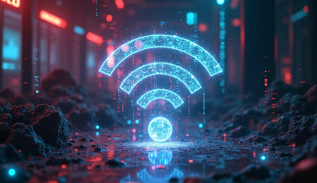 (Glitch Art), holographic WiFi virus attached