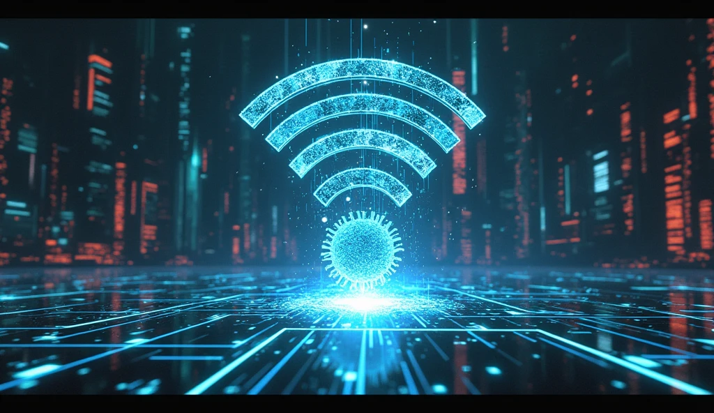 (Glitch Art), holographic WiFi virus attached