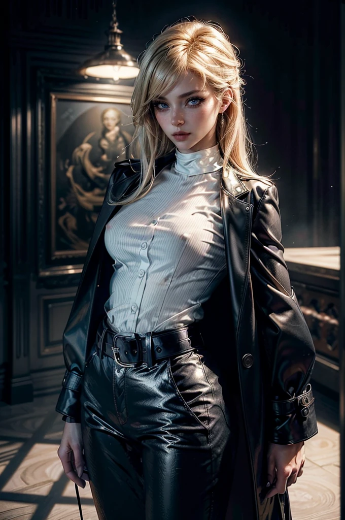 cowboy shot,a pretty 2 girl,blond hair,blue eyes,lora_Emma,slim athletic body,tight and stretched white blouse with ons,buttap,short sleeves,ultra low rise black shiny latex pants,(double metal belt),empty studiobackground,((black coat on shoulders)),(tight sleeves),(best quality,4k,8k,highres,masterpiece:1.2),ultra-detailed,(realistic,photorealistic,photo-realistic:1.37),dramatic lighting,cinematic,fashion photography,studio lighting,high contrast,vivid colors,beautiful detailed eyes,beautiful detailed lips,extremely detailed eyes and face,long eyelashes, touching hair