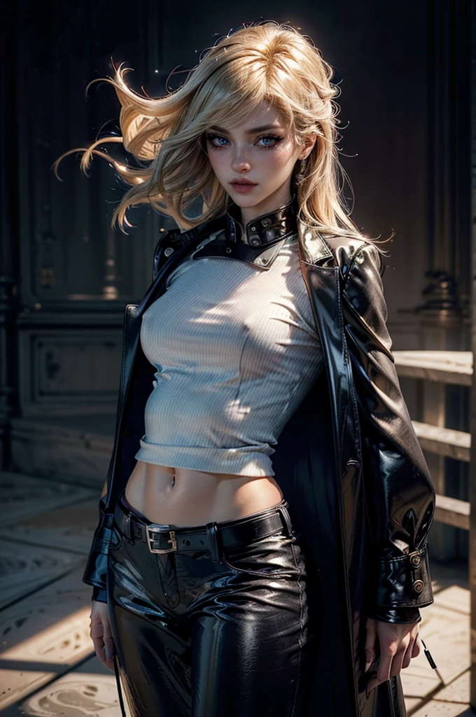 cowboy shot,a pretty 2 girl,blond hair,blue eyes,lora_Emma,slim athletic body,tight and stretched white blouse with buttons,button gap,short sleeves,ultra low rise black shiny latex pants,(double metal belt),empty studiobackground,((black coat on shoulders)),(tight sleeves),(best quality,4k,8k,highres,masterpiece:1.2),ultra-detailed,(realistic,photorealistic,photo-realistic:1.37),dramatic lighting,cinematic,fashion photography,studio lighting,high contrast,vivid colors,beautiful detailed eyes,beautiful detailed lips,extremely detailed eyes and face,long eyelashes, touching hair