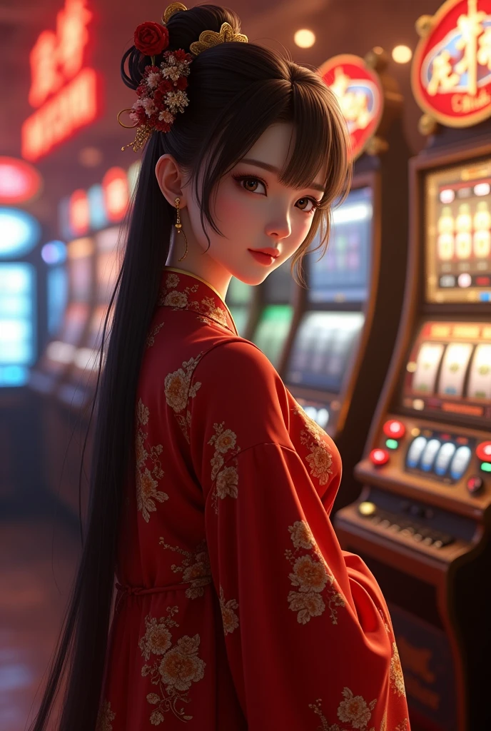 Animation image Realistic Featuring a Beautiful and Realistic, The image should be wearing Hanfu, use colors Red and Gold,The background is a bar drinking area, featuring a slot machine a 3D Render, Photo, Realistic, Illustration, Painting, Dark fantasy.