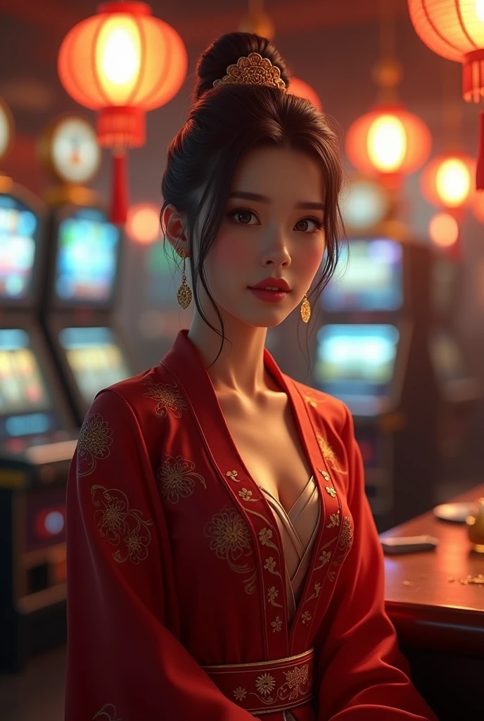 Animation image Realistic Featuring a Beautiful and Realistic, The image should be wearing Hanfu, use colors Red and Gold,The background is a bar drinking area, featuring a slot machine a 3D Render, Photo, Realistic, Illustration, Painting, Dark fantasy.