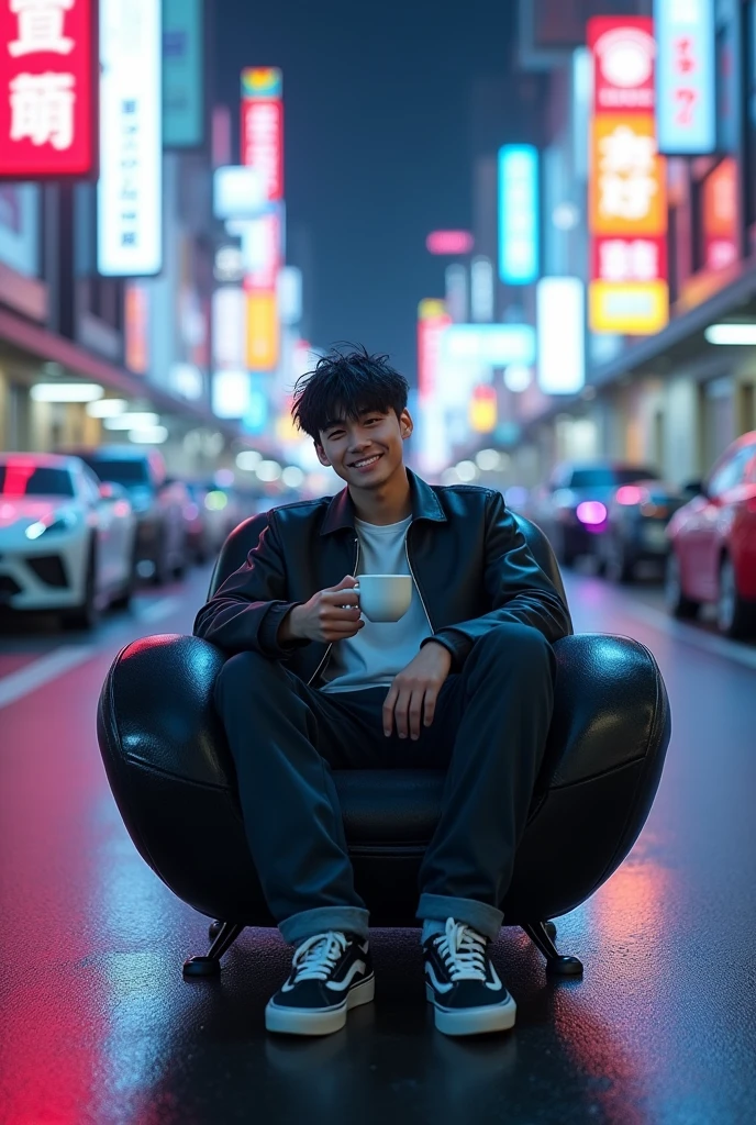 a young man shorty black messy haircut, wear outfit jacket clothes, long pant clothes, wear vans shoes, sit down in elite chair on middle road while holding white coffee glass cup, natural, sweetly smile, future places, colorful lighting sun, future cars, award winning photography, real hyper realistic, real human japanese, UHD 8k, detailed photo, perfect face, detailed places, landscape, full body, photo was taken from a long distance in the future city