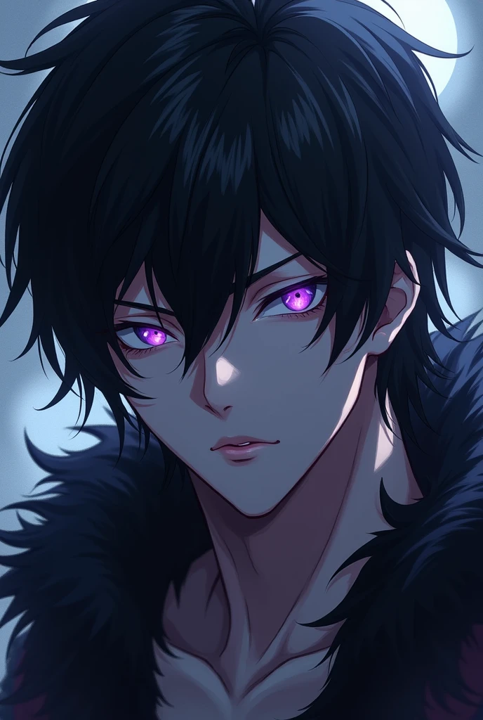 Sexy Anime male with black hair wolf purple eyes
