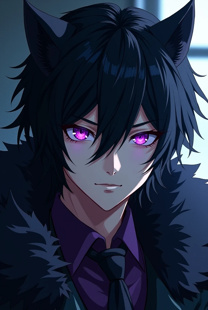 Sexy Anime male with black hair wolf purple eyes 