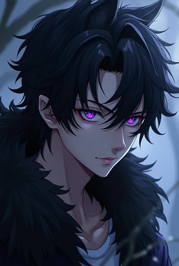 Sexy Anime male with black hair wolf purple eyes