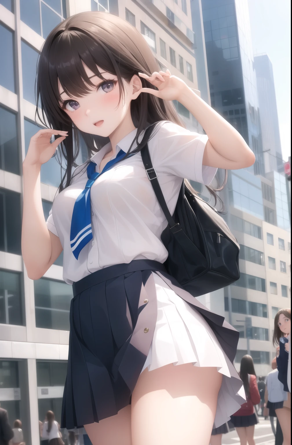 High school girl flipping up her skirt。No panties。In the background, many people in the city are watching the high school student.