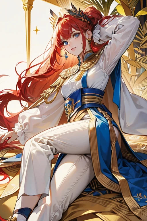 she gold light hair. she dons a white shirt with a high collar and a triangular chest window. Along her collar she wears a golden, angular ornament along with her cape. Her cape is a mix of black, gold, and blue, but majorly red. It is split into two halves with intricate patterns. Along her waist, she wears a coastal blue sash, white tassels with golden ornaments, and her Dendro Vision on his left. Her pants are colored black with some patterning and his footwear is a pair of white socks with a sandal-like structure.
Kaveh's hair hangs down the back of her head, complemented with some red hair clips holding her hair, and a slight braid. On Kaveh's left, she wears a blue feather tucked under one of her hair strands and above her ear. sHe also sports a pair of golden, angular ear ornaments with small red and blue squares inside of them. SPARKLE; GLITTER