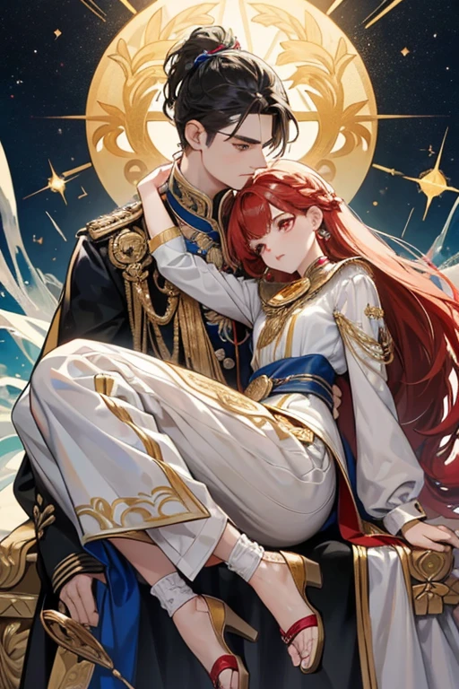 she gold light hair. she dons a white shirt with a high collar and a triangular chest window. Along her collar she wears a golden, angular ornament along with her cape. Her cape is a mix of black, gold, and blue, but majorly red. It is split into two halves with intricate patterns. Along her waist, she wears a coastal blue sash, white tassels with golden ornaments, and her Dendro Vision on his left. Her pants are colored black with some patterning and his footwear is a pair of white socks with a sandal-like structure.
Kaveh's hair hangs down the back of her head, complemented with some red hair clips holding her hair, and a slight braid. On Kaveh's left, she wears a blue feather tucked under one of her hair strands and above her ear. sHe also sports a pair of golden, angular ear ornaments with small red and blue squares inside of them. SPARKLE; GLITTER
