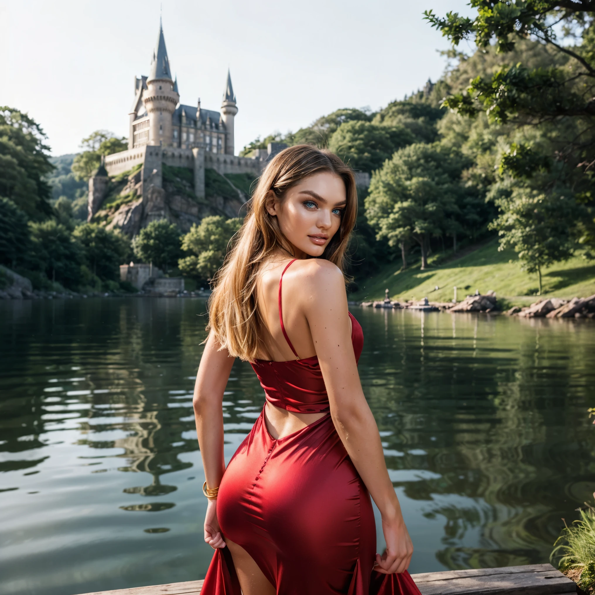 (Best Quality), (ultra-detailliert), (master piece), (hight resolution), 16K resolution, 1 woman, 20 years old, Candice Swanepoel, looking at viewer, close up shot, close up portrait, view from above, sassy smile, radiant smile, seductive, lustful facial expression, confident, (Her outfit includes a red fitted satin dress with a tight-fitting golden belt that highlights her hourglass body figure.) golden necklace with ruby, ((blue eyes, detailed eyes)), blond hair, long wavy hair, (beautiful and detailed face), slender waist, thin body, narrow shoulders, clean sunbuthed skin, The scene is set on the wooden dock extending over the calm lake, with Hogwarts castle visible in the distance atop a dominant hill. The surrounding environment features a lush forest bordering the gravel path that leads from the dock to the castle. Hogwarts castle, wooden dock, tranquil lake, steep hill, lush forest, gravel path.