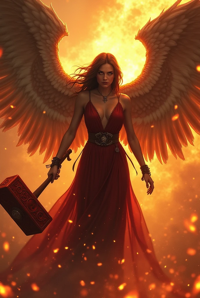 fallen Angel, with a big red hammer, in the middle of a whirlwind of fire (naughty man)