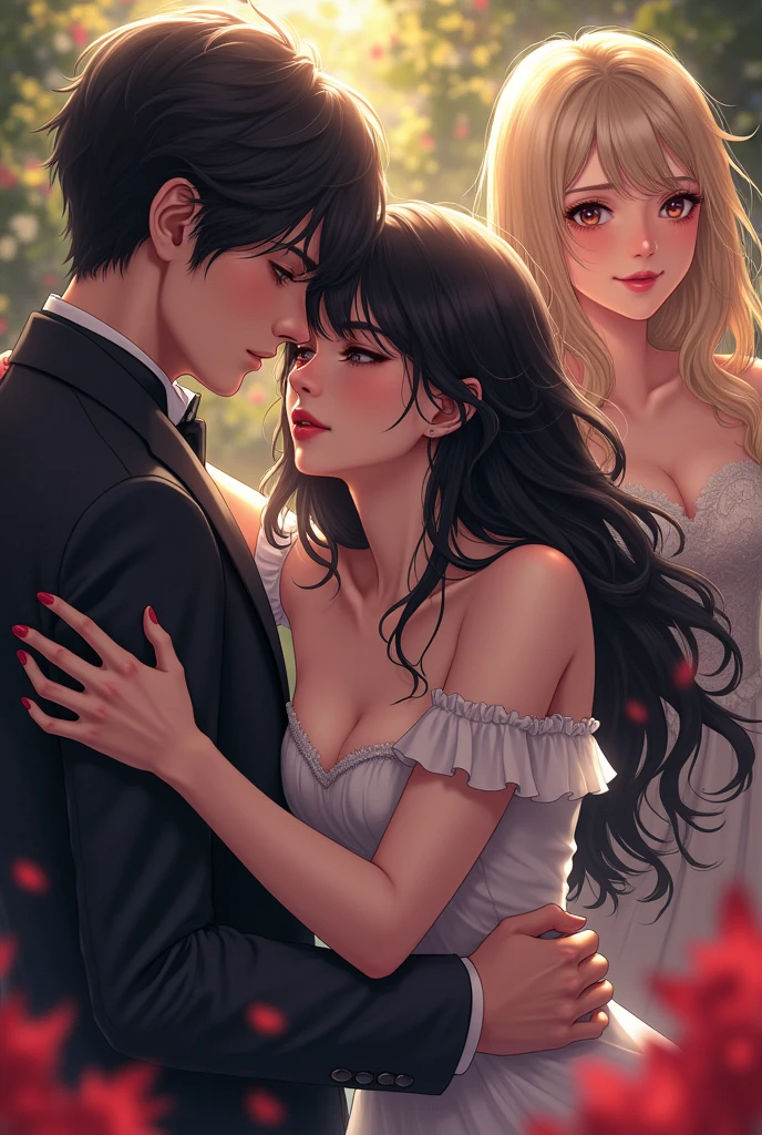 very pretty dark haired girl kissing a boy, in the background two girls, a very beautiful and rich blonde very happy and a sad brunette crying a lot