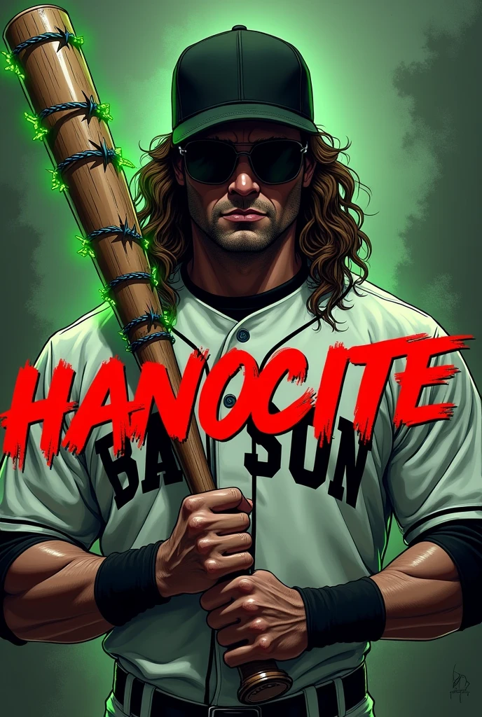 Comic book style cover featuring a muscular figure in a baseball uniform with vertical black and white stripes. The subject has long, wavy hair and is wearing a black cap and sunglasses, obscuring facial features. The skin tone is a medium brown. The figure is holding a baseball bat wrapped in barbed wire, which is highlighted with a glowing green outline. The title 'The Warriors' is prominently displayed in bold, red graffiti-style text across the lower half of the image. The background is a mix of dark and light shades, creating a dramatic contrast. The overall layout is vertical with the subject centered, and the title text overlapping the figure's torso., Hyperrealism, Gothic art, 4K, anatomically correct, masterpiece, high details, award winning, high quality, super detail, best quality