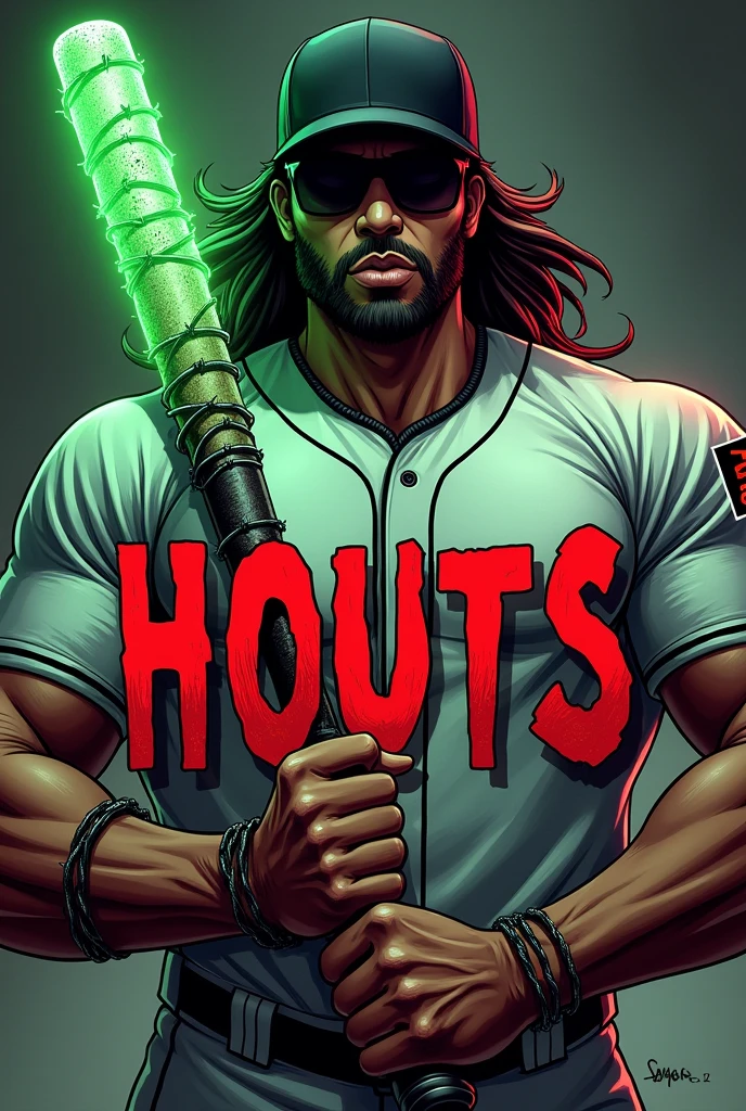 Comic book style cover featuring a muscular figure in a baseball uniform with vertical black and white stripes. The subject has long, wavy hair and is wearing a black cap and sunglasses, obscuring facial features. The skin tone is a medium brown. The figure is holding a baseball bat wrapped in barbed wire, which is highlighted with a glowing green outline. The title 'The Warriors' is prominently displayed in bold, red graffiti-style text across the lower half of the image. The background is a mix of dark and light shades, creating a dramatic contrast. The overall layout is vertical with the subject centered, and the title text overlapping the figure's torso., Hyperrealism, Gothic art, 4K, anatomically correct, masterpiece, high details, award winning, high quality, super detail, best quality