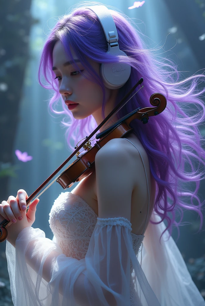 Mulher borboleta de cabelo roxo coreana com fone de ouvido e roupa transparente branca com sangue e violino 🎻 e sangue