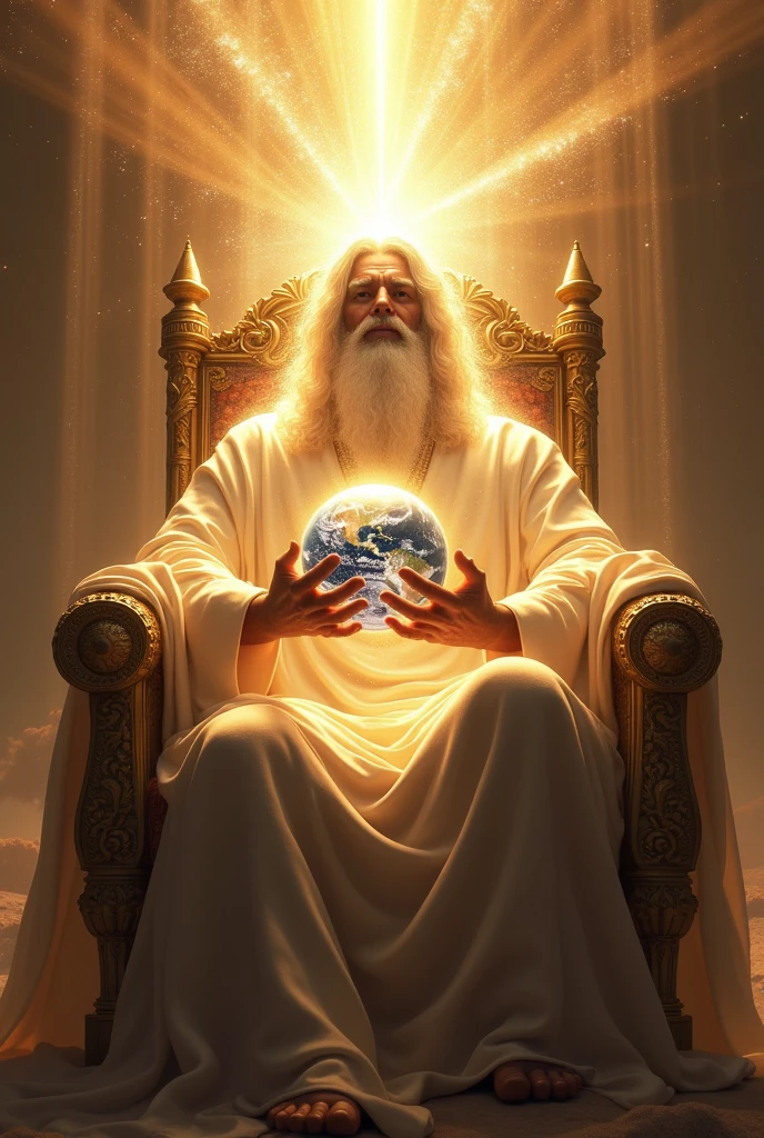 God holding the world in his hands, make him sit on a throne, in the kingdoms of heaven, with a very strong light covering his face and make the image vertical