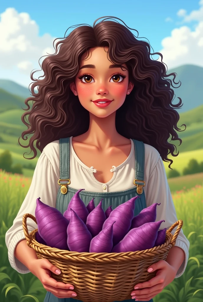 ilustration A beautiful girl with curly hair carrying a basket of purple sweet potatoes (use A3 paper)