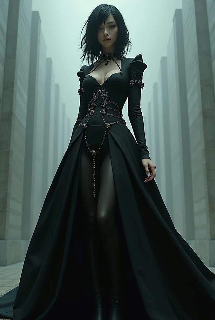 character design, Beautiful woman, with black dress style nier automata, View from the floor, with the style of Akihiko Yoshida