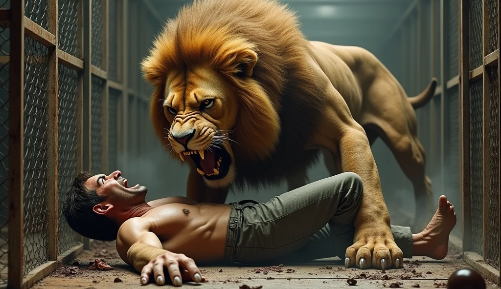 lion eating a man inside the cage
