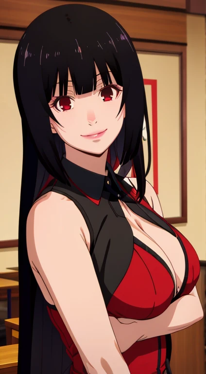 Jabami yumeko, (Mature female, bangs, side locks, Red eyes, Black hair, Huge breasts3),Portrait of a girl, (face:1.2), schoolgirls, smile,bare shoulders​, Black hair, cherry blossom), Willow Branch, (masterpiece best quality :1.2), large big breasts