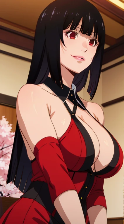 Jabami yumeko, (Mature female, bangs, side locks, Red eyes, Black hair, Huge breasts3),Portrait of a girl, (face:1.2), ******girls, smile,bare shoulders​, Black hair, cherry blossom), Willow Branch, (masterpiece best quality :1.2), large big breasts