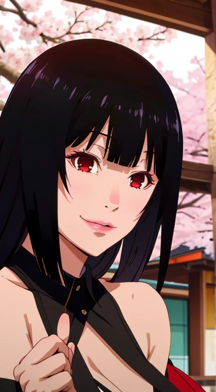 Jabami yumeko, (Mature female, bangs, side locks, Red eyes, Black hair, Huge breasts3),Portrait of a girl, (face:1.2), schoolgirls, smile,bare shoulders​, Black hair, cherry blossom), Willow Branch, (masterpiece best quality :1.2), large big breasts