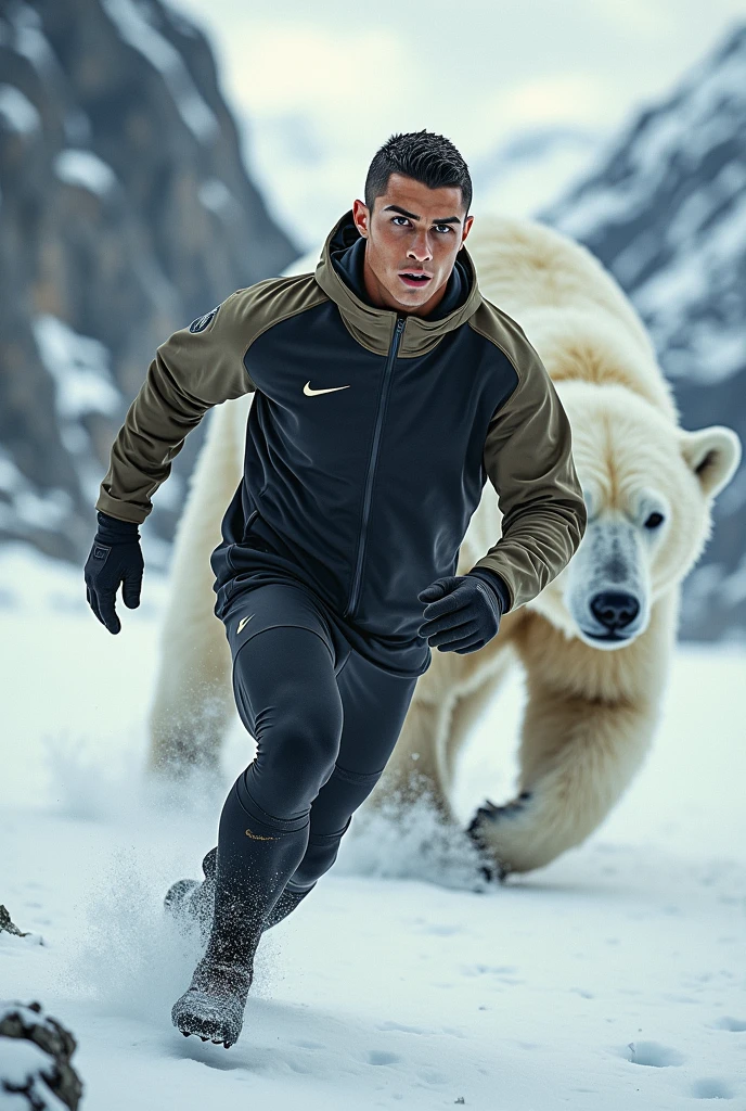 Cristiano Ronaldo ;portant un survêtement nike noir et kaki;sur les montagnes;entrain de s'entraîner;en hiver;un grand ours blanc qui cour derrière 
