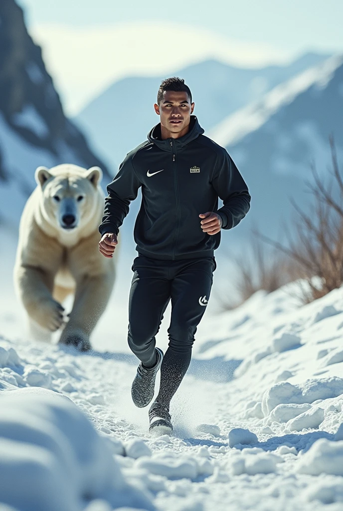 Cristiano Ronaldo ;portant un survêtement nike noir et kaki;sur les montagnes;entrain de s'entraîner;en hiver;un grand ours blanc qui cour derrière 
