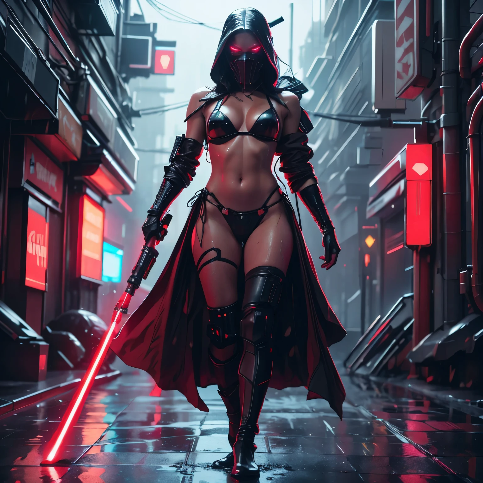 sith red bikini,dark smile,wet,rainy,sparks,particles,cyberpunk,high quality, 8k, photorealistic, detailed face, perfect skin, beautiful eyes, dramatic lighting, neon glow, moody atmosphere, intricate background details, ultra-detailed