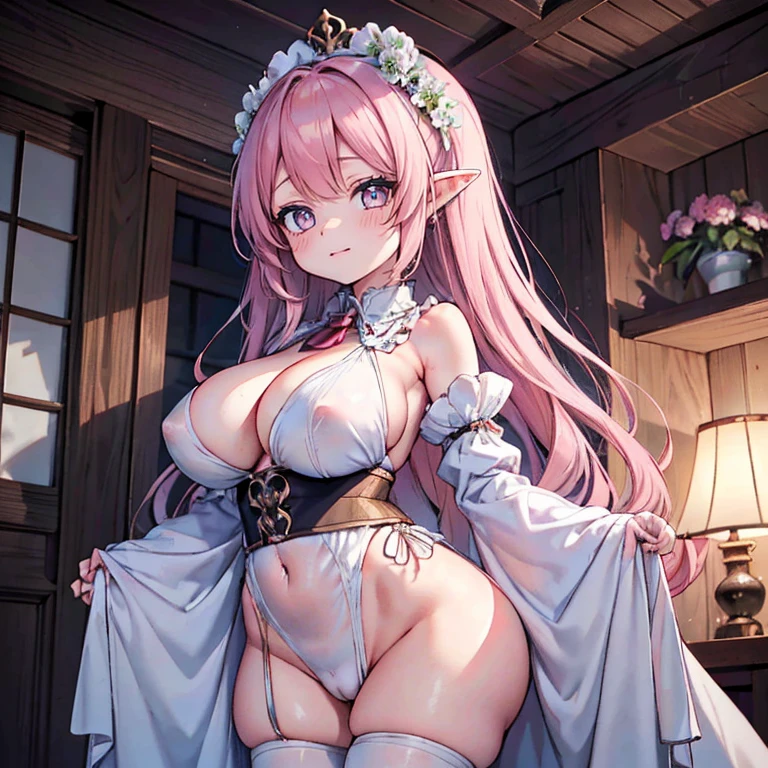 Anime Waifu beautiful detailed eyes, beautiful detailed lips, extremely detailed eyes and face, longeyelashes, 1girl, sensuous, young woman, medium breasts, beautiful feminine face, nice thighs, slim, sexly, erotic, beautiful clothes, perfect body, cinematic lighting and framing, (best quality,4K,8k,highres,masterpiece:1.2),ultra-detailed,digital painting,portrait,glamorous,highly detailed,soft lighting,warm color tones better, hatsune miku, , Giant tits, giant ass, very curvy, Strawberry blonde with curly bangs, pastel pink eyes, fleshy lips, seducer, soft smiling, white flowing dress with long puffy sleeves, elf ears, crown of flowers, thick-thighs, Curvy physique