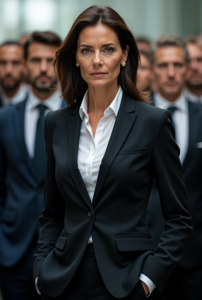 ultra-realistic photo, a portrait of a 5 businesswoman, Madura, in a suit and tie, Female empowerment, a woman dressed in a business suit standing in front of people, sexy young business woman in business suit, in the style of emotionally complex, A beautiful businesswoman is standing in her suit.
