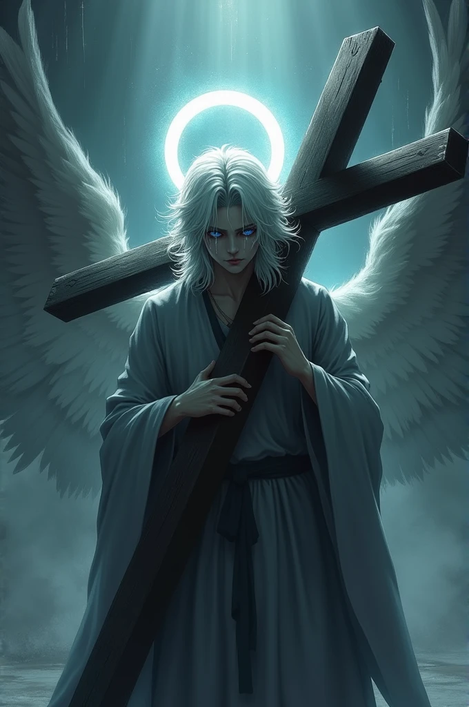 Gojo Satoru that crying while he carry the cross, and he has a angelic appearance