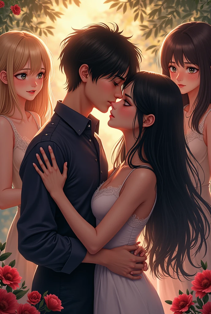 very pretty dark haired girl kissing a boy, in the background two girls, a very beautiful and rich blonde very happy and a sad brunette crying a lot