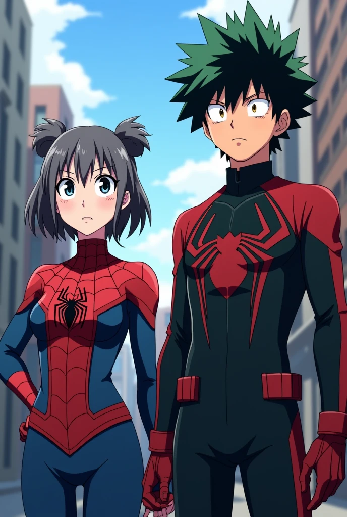 Bakugou katsuki next to a My Hero Academia character woman with hair below her shoulders her hair is dark gray and has two ash-colored locks in the front, His eyes are hazel and have a shape like Bakugou's. He has light skin., and his superpower is that of Spider-Man (make the characters as if they were in the AU) to the animation of boku no hero