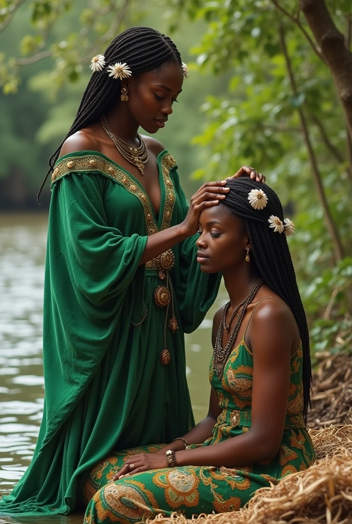 An African woman orisa yemoja near a river, wearing green clothes with white shells in her hair placing her hands under the head of a woman sitting on a straw mat