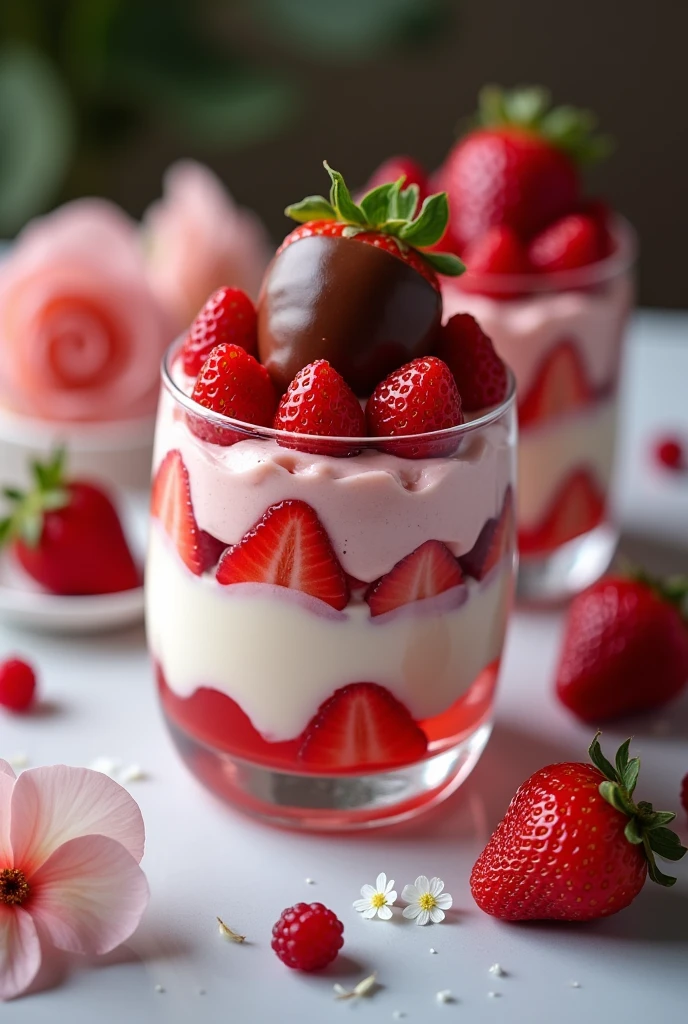 in a glass with a layer of strawberries and cream and culminates with a strawberry covered in chocolate jelly and strawberry jelly