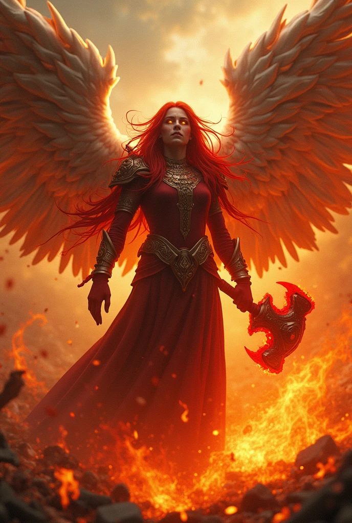 fallen Angel, with long red hair and a big red hammer, in the middle of a whirlwind of fire (naughty man)