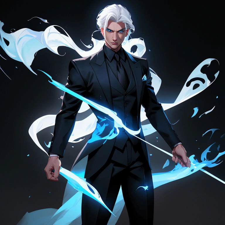 envision a 8k, highres, cinematic full body design sheet of a strong faced man with a slender body, no facial hair with short sleek white hair, and blue eyes wearing black vest and collard shirt, blazer, magic effects against a dark gray background