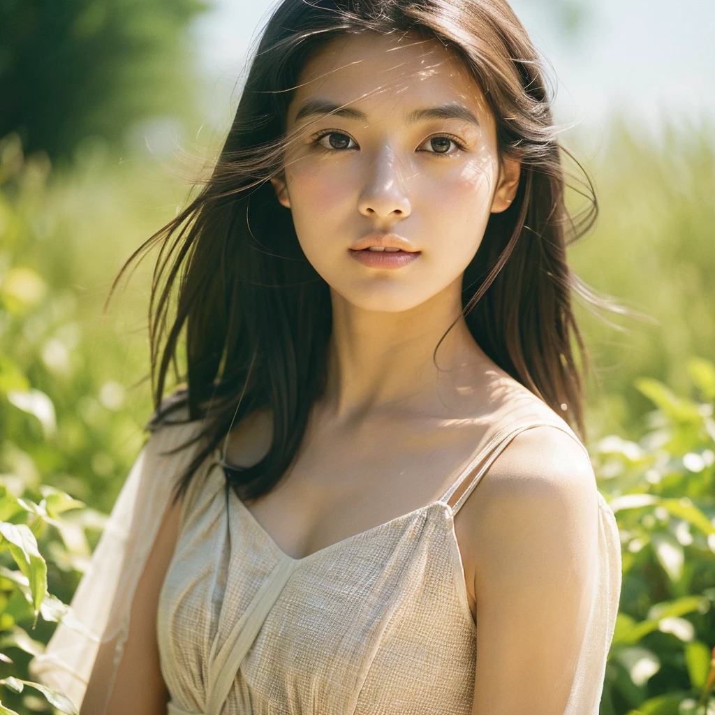 A hyper-realistic close-up image of a single Japanese woman in her early 20s, captured with the nostalgic warmth and subtle graininess of a film camera, focusing on her face and shoulders. Her skin has a warm beige tone with a natural, slightly rough texture that includes visible pores, fine lines, and subtle imperfections such as small blemishes, adding to the authenticity of her appearance. The soft, diffused natural light typical of a sunny summer day casts gentle, warm shadows on her face, enhancing the film-like quality while maintaining the realistic texture of her skin. Her straight, glossy black hair is slightly tousled by a gentle summer breeze, framing her face naturally. She is wearing a light, summery outfit, perhaps with straps visible at the shoulders, that complements her natural beauty and suits the warm weather. The film camera effect introduces a slight grain and a softer focus, giving the image a warm, nostalgic atmosphere while preserving the realism of her skin and features. The overall composition captures the serene and effortless elegance of a summer day, with the focus on the realistic texture of her skin and the timeless quality of the film camera aesthetic.