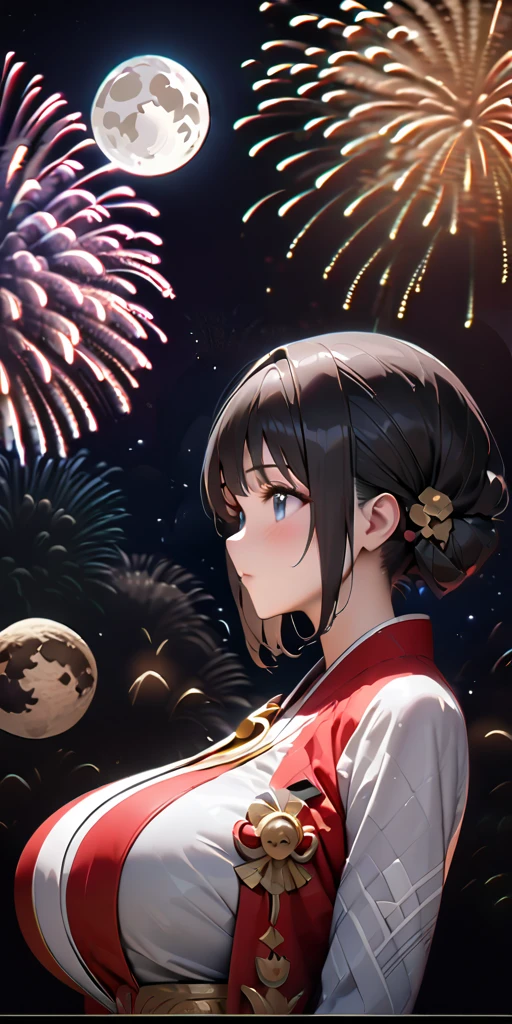 ((Highest quality、masterpiece、anime style、best quality、high resolution、8k、detailed、ultra-detailed:1.3))、Long legs:1.2, Beautiful woman with perfect figure:1.4、(Smiling:1.2), double eyelid、30-year-old female、((((One Woman,beautiful face,Beautiful face、Japanes,Japan、Kyoto、kimono、 night,upper body:1.5)))),Big Breasts、High resolution, accurate, Anatomically correct, Winner of numerous awards, High-resolution model, high quality, Very detailed, Ultra high definition, Textured skin,(((one moon,starry skies,fireworks:1.5))),Japanese Festival