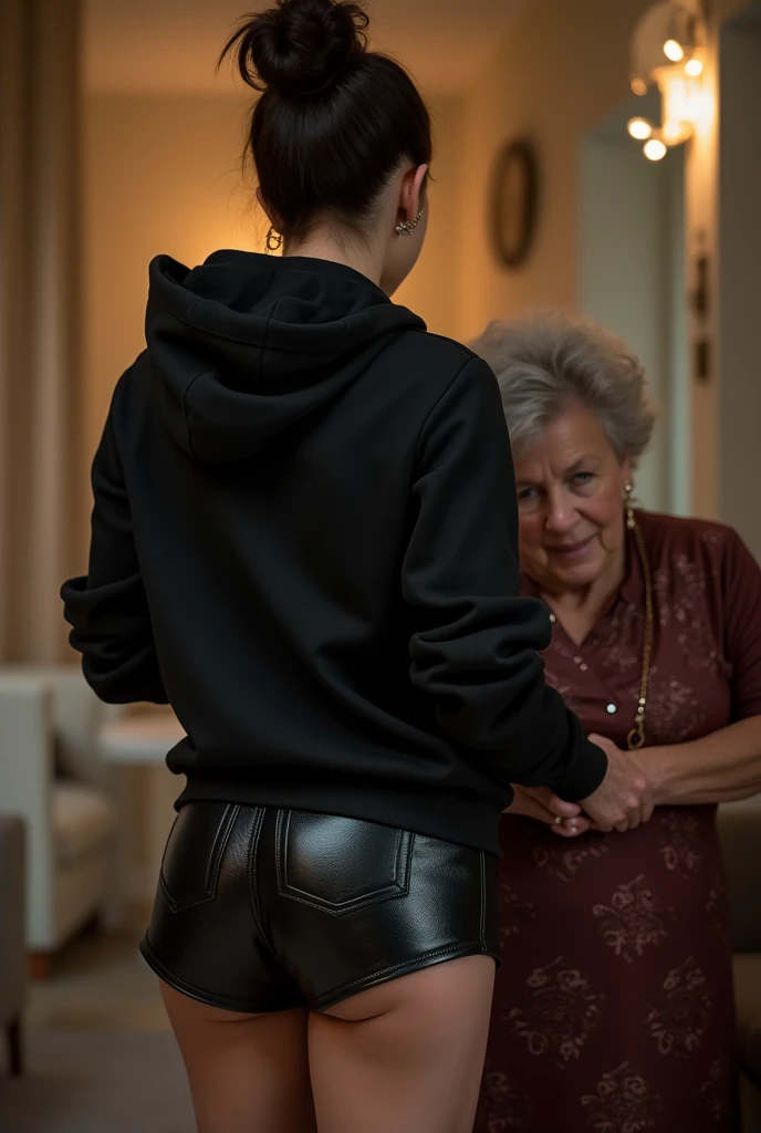 black woman hair in a bun black hoodie   black leather short shorts  being fucked in the ass by a old grandma in a dress
       