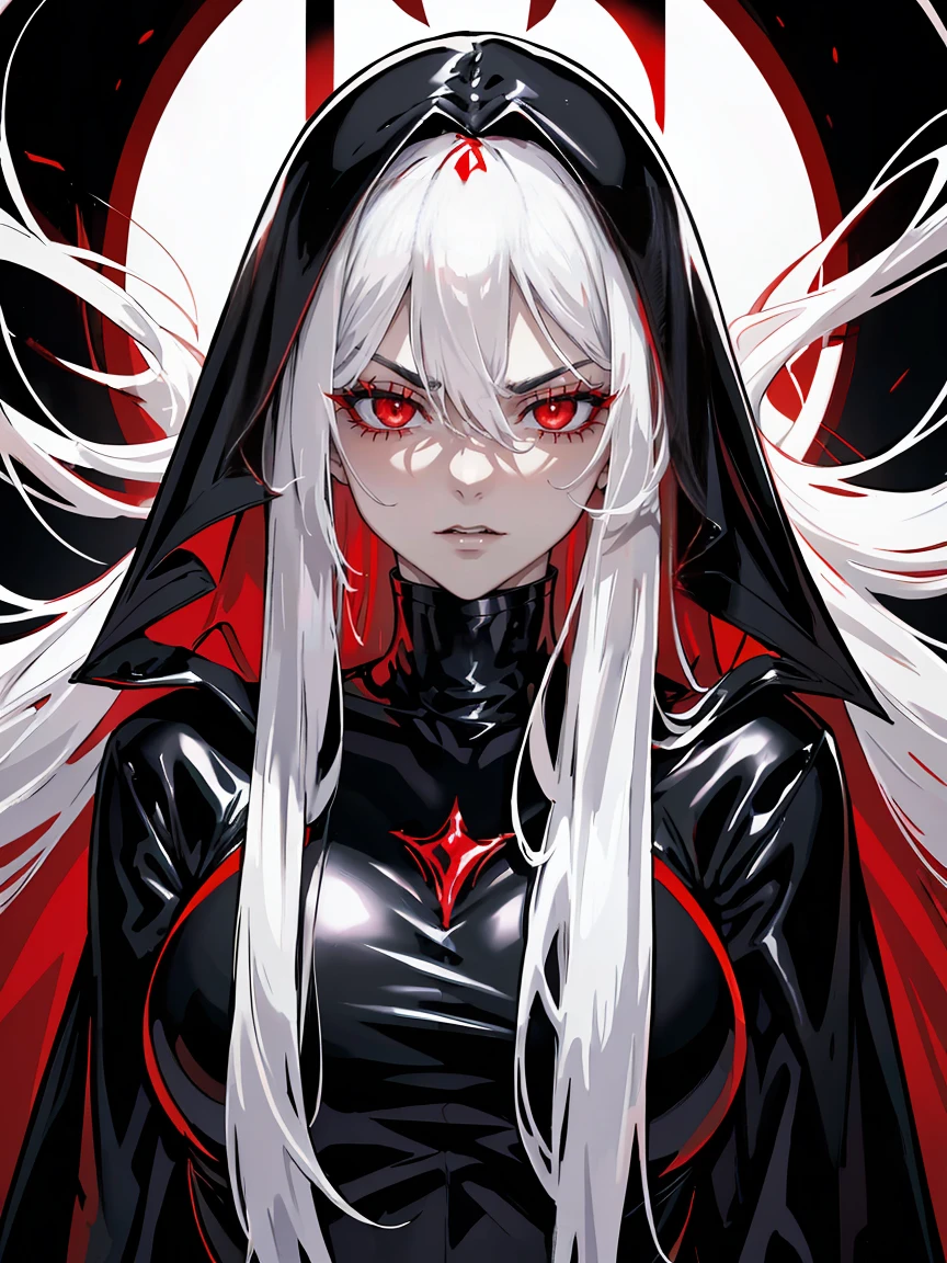 Long white hair, crimson eyes, evil, sexy, black and red clothes, evil face, evil, serious look, gloss lips, sinister, front look, bloody, gloves, close up, portrait, beautiful eyes, big white, dark place, night, sensual, straight hair cut, clear skin, evil, young 30 years girl, adult girl, solo, red, very long hair, ankle length hair, handsome older WOMAN，crimson-eyes，crimson pupils，Long white hair，Hyperresolution，accuracy，Detailed rendering,（Image of fine hair）（topquality）（Masterpieces of masters）（High degree of completeness）（A sense of atmosphere）tmasterpiece，Super detailed and super detailed（((full-body)))(((Sexy black latex outfit)))