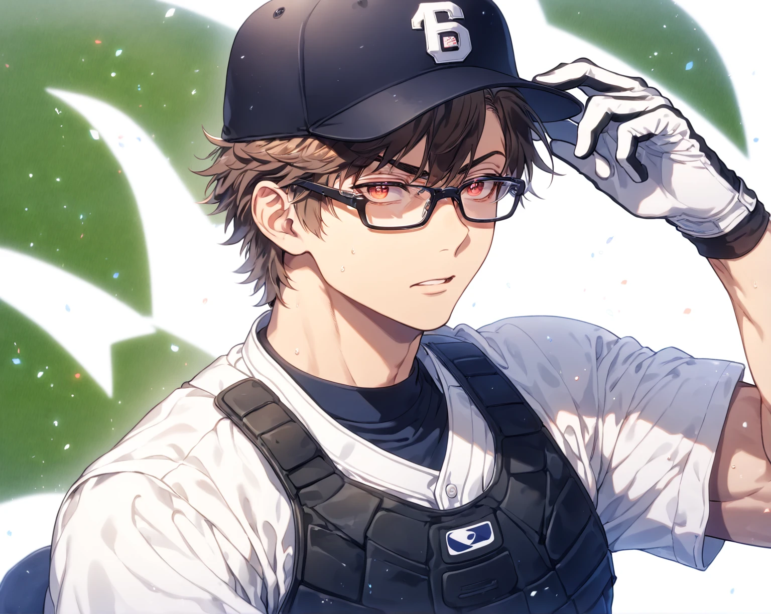 absurdres, highres, ultra detailed, HDR, master piece, Miyuki Kazuya, brown hair, expressive amber eyes, black glasses, white baseball uniform, Diamond No Ace, sexy man, handsome, best quality, fantasy, magical, solo, sensual, stadium, blue sky, manly man, black gloves,