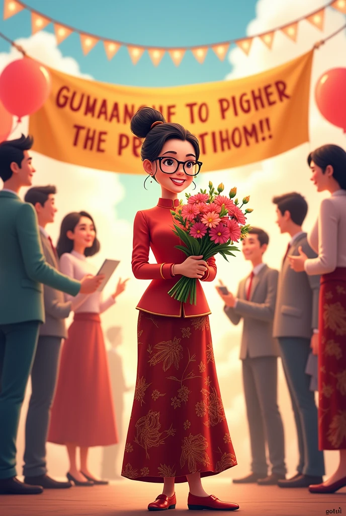 4D Cartoon of Indonesian Woman aged 30 years, wearing traditional Indonesian clothes, red kebaya, batik cloth bottoms to the ankles, wearing glasses, high heel shoes, bun, hold a bouquet of flowers, cheerful face, there is a banner with the writing, "Congratulations on the Promotion, Dr. Diah Dio", UHD, 16k, clear, flanked by 6 other people..