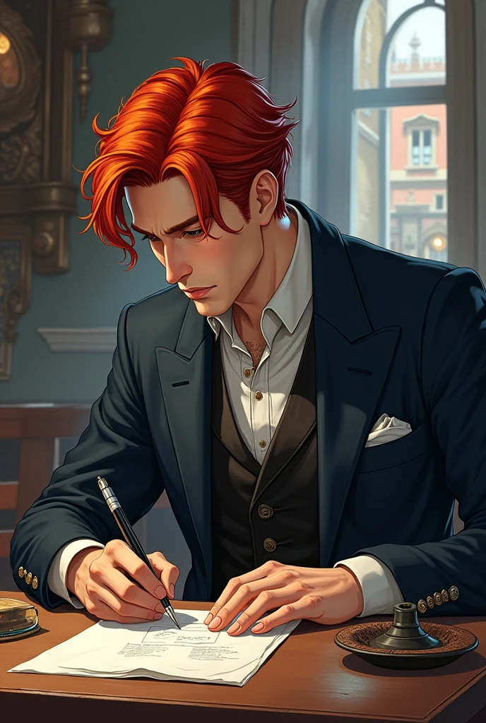 Adult male, handsome, ​ The face is dignified, red hair, Smoking, Central European set,Sit at the table, Drawing style: Manga 2.5D

