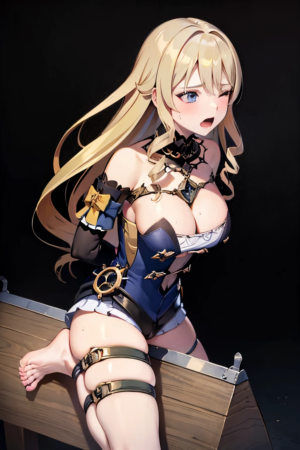 nsfw ,NUDE ,naked ,tied up her arms ,eyes closed ,breast milk ,Put her hands behind her back ,very large breast ,best quality foot:1.5 ,((high quality toe:1.5)) ,(a girl on a wooden horse:1.2) ,in a prison ,in a dungeon ,pussy juice:1.5 ,crying face ,scream, tears, raise both hands ,hyper realistic ,intricate details ,photorealistic ,cinematic lighting ,dramatic composition ,muted colors ,chiaroscuro lighting, moody atmosphere, fine art painting ,detailed face ,highly detailed, masterpiece:1.4, best quality:1.5, 8k:1.4 ,4K ,2k, Suggestive liquid, rubbing the crotch