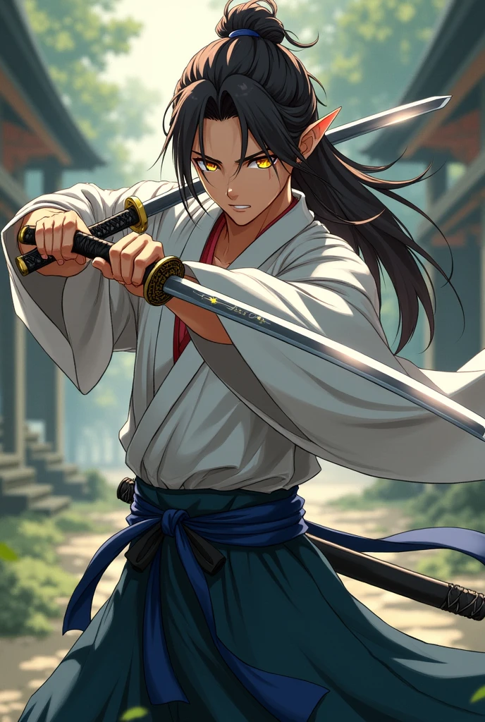 anime oc male swordsman with two katanas, one with a handle wrapped in black bands and the other wrapped in white bands, long dark brown hair tied up, golden eyes, and elf ears, wearing a kosode kimono